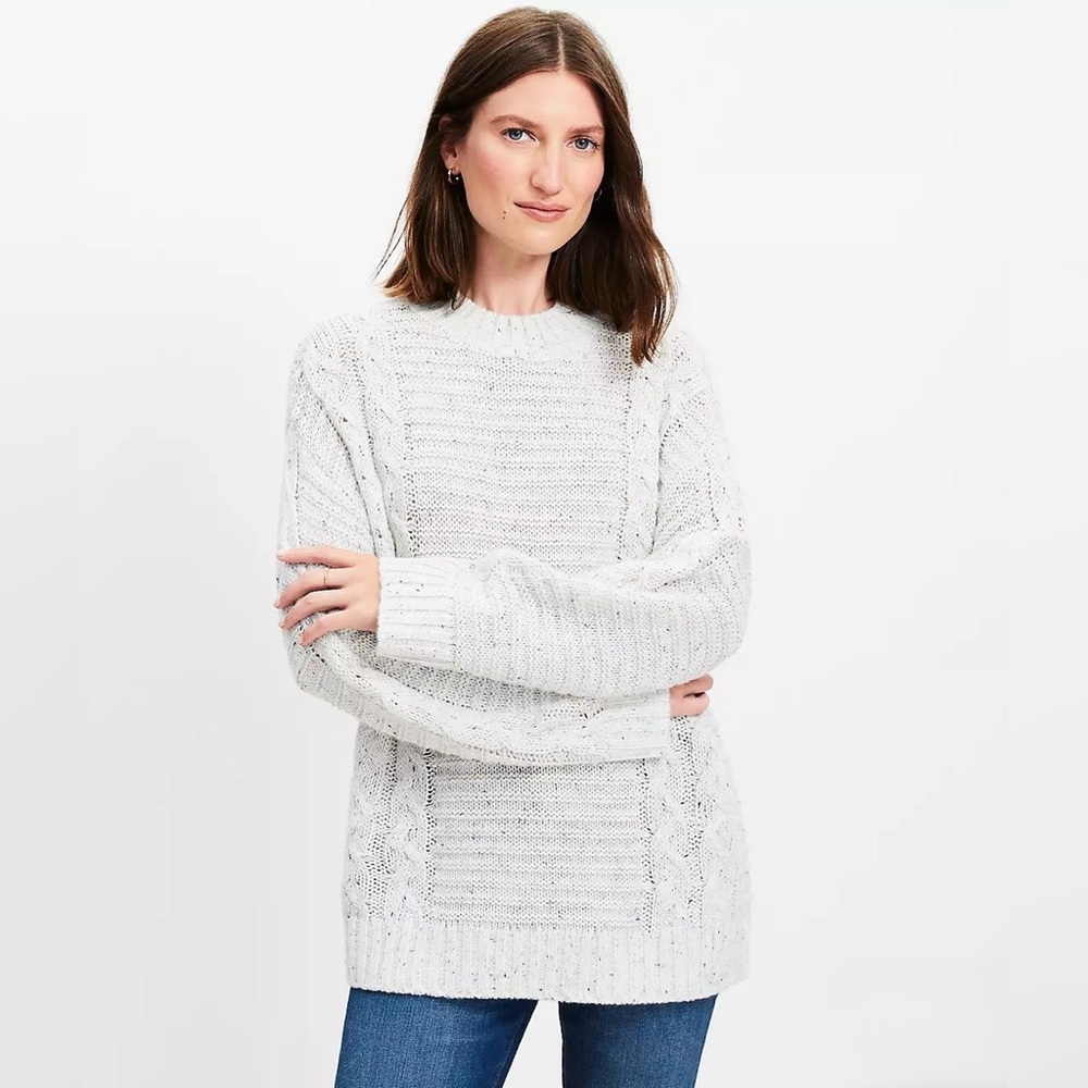 EUC LOFT Flecked Cable Linked Mock Neck Tunic Sweater - Ivory Multi - Picture 2 of 7